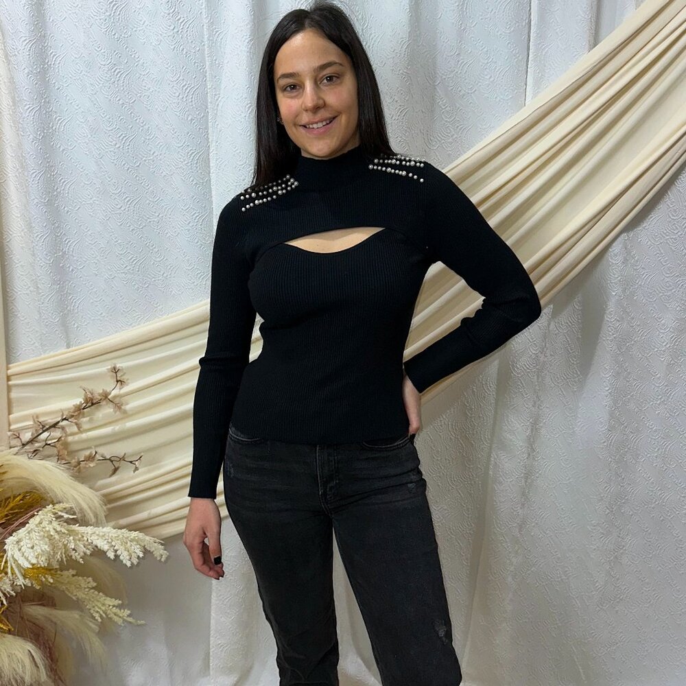 Cutout Out Pearl Shoulder Long Sleeve